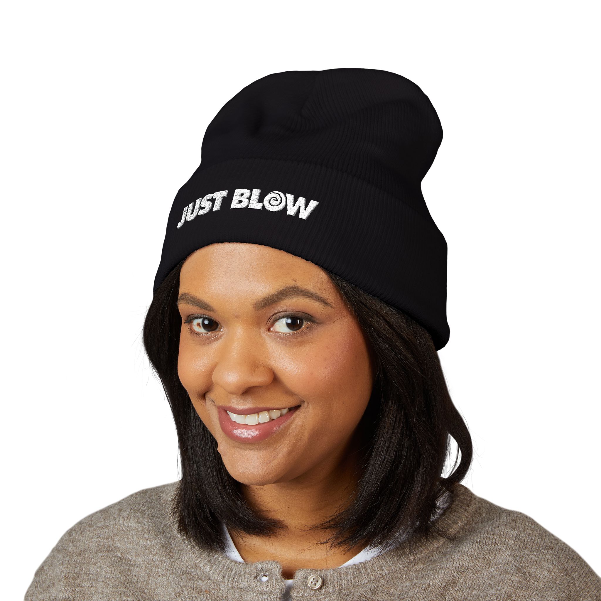 Just Blow, Funny Embroidered Cuffed Beanie - Trendy Winter Hat - Image 2